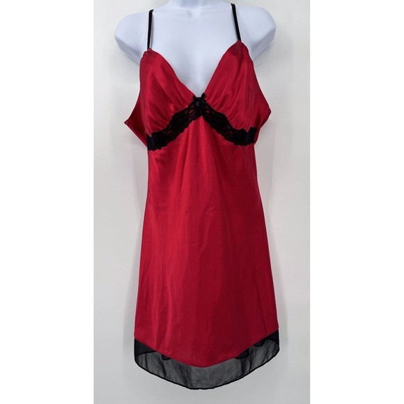 RED SATIN LINGERIE SLIP DRESS Babydoll  ApT9 Size XL satin red lace‎ Bow cute - Picture 1 of 9